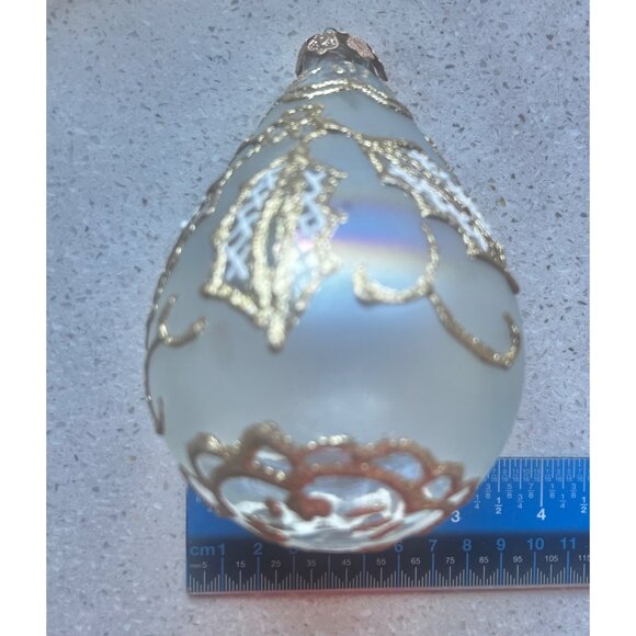 Blown Glass Frosted Teardrop Ornament With Gold Glitter Accents Iridescent Glass - Picture 4 of 5
